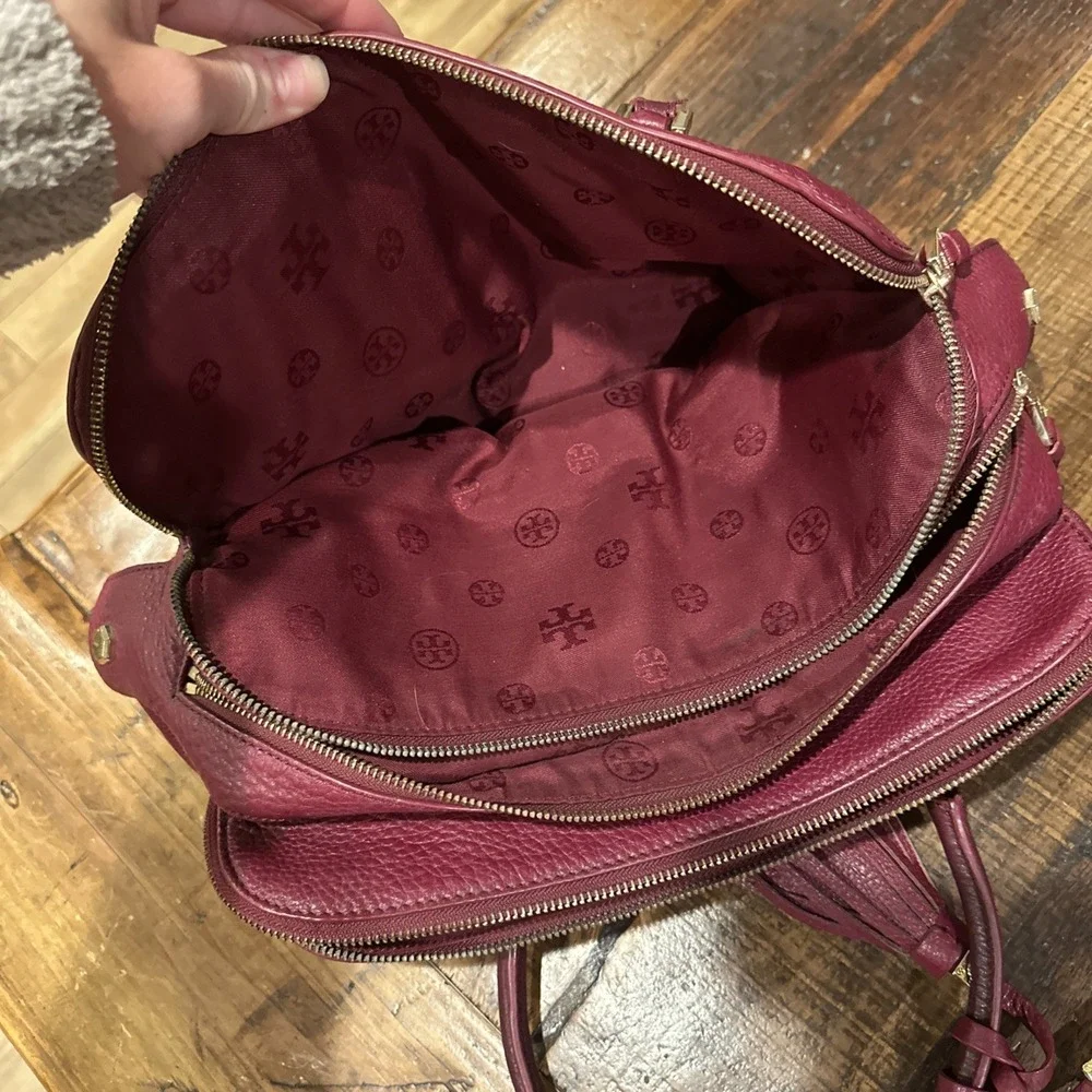 Tory‎ Burch Leather Thea Triple-Zip Satchel Bag Ox Blood Burgundy